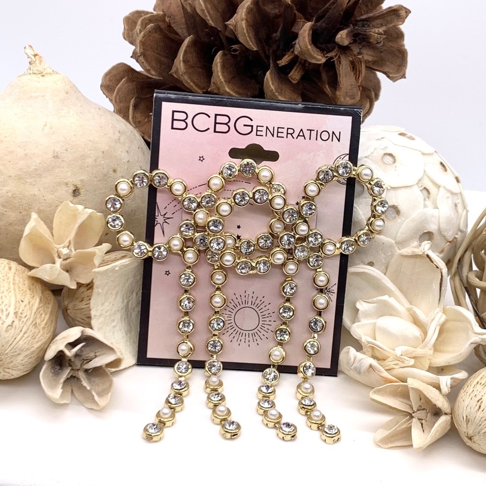 BCBGeneration Crystal & Pearl Bow Tassel Statement Earrings NWT Gold Waterfall